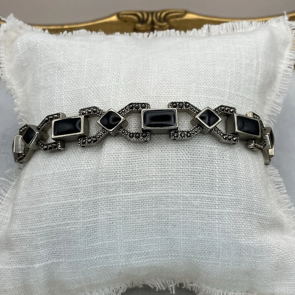 Vtg Silver Tone Art Deco Black Enamel Faux Marcasite Bracelet Great Gatsby Glam